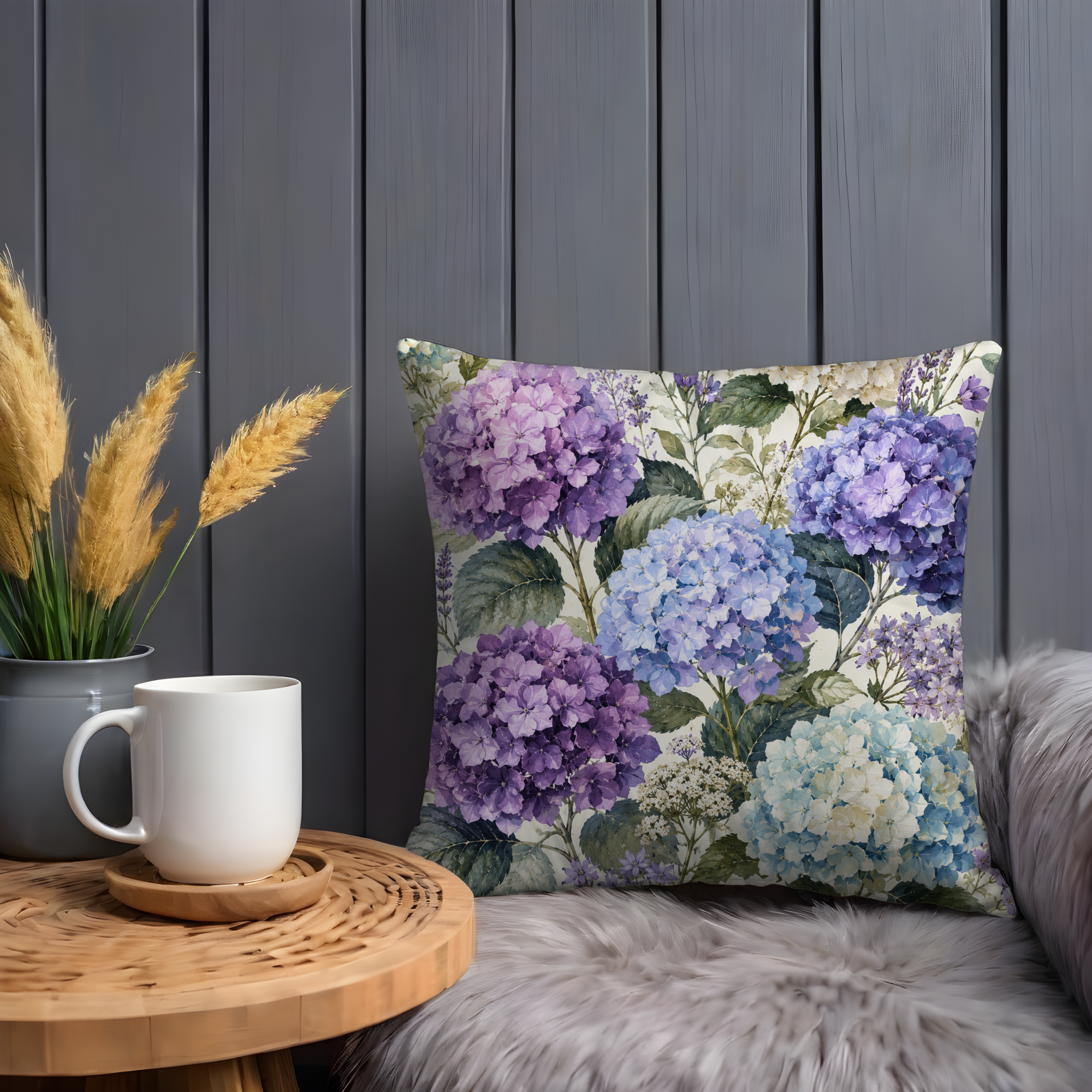 Purple Hydrangea Pillow Cover | Watercolor Floral Art | Elegant Boho Decor