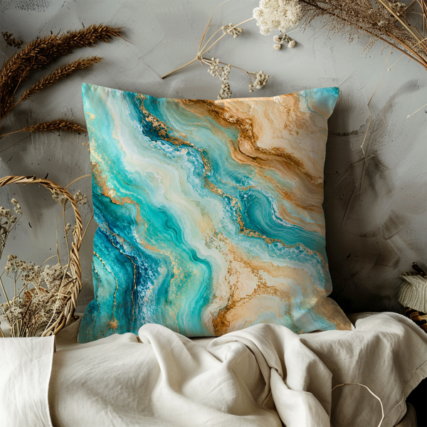 Turquoise Marble Pillow Cover – Abstract Fluid Art | Luxe Modern Decor