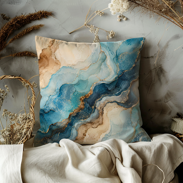 Blue Gold Marble Pillow Cover – Abstract Fluid Art | Luxury Boho Decor