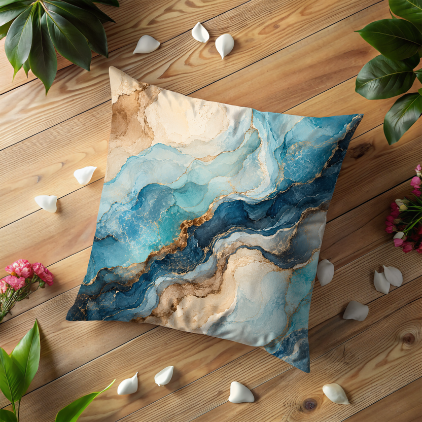 Blue Gold Marble Pillow Cover – Abstract Fluid Art | Luxury Boho Decor
