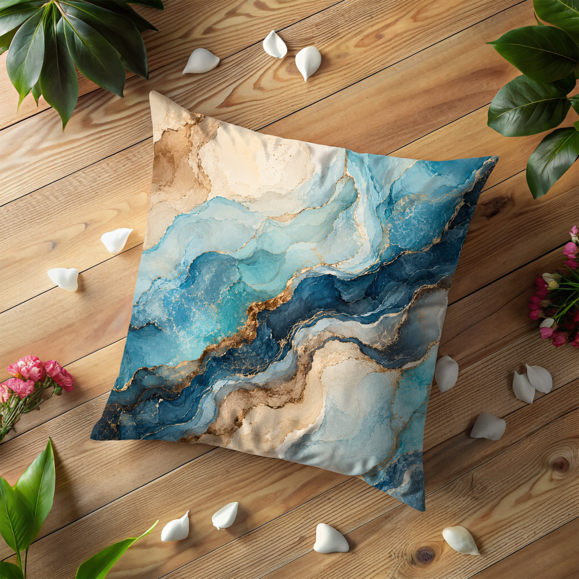 Blue Gold Marble Pillow Cover | Abstract Fluid Art | Luxury Boho Decor