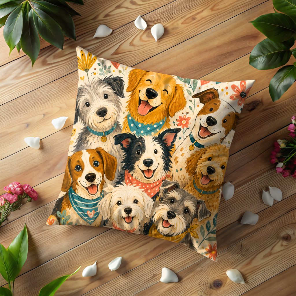 Happy Dogs Pillow Cover | Cute Puppy Art | Fun Pet Decor