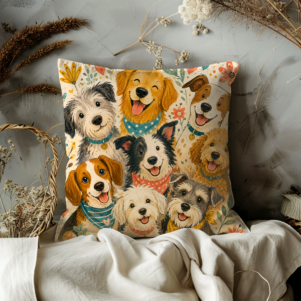 Happy Dogs Pillow Cover – Cute Puppy Art | Fun Pet Decor
