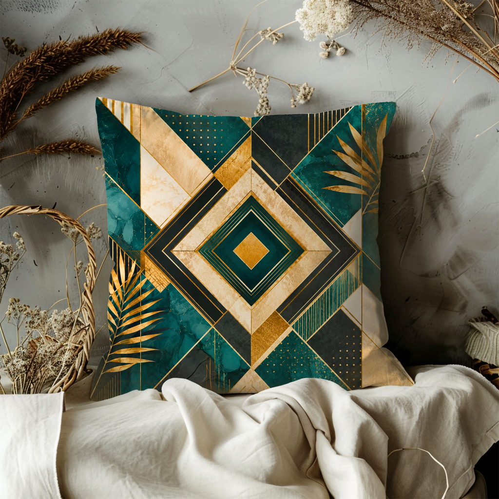 Emerald Gold Geometric Pillow Cover | Art Deco Modern Art | Luxury Boho Decor