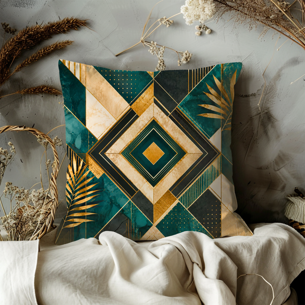 Emerald Gold Geometric Pillow Cover – Art Deco Modern Art | Luxury Boho Decor
