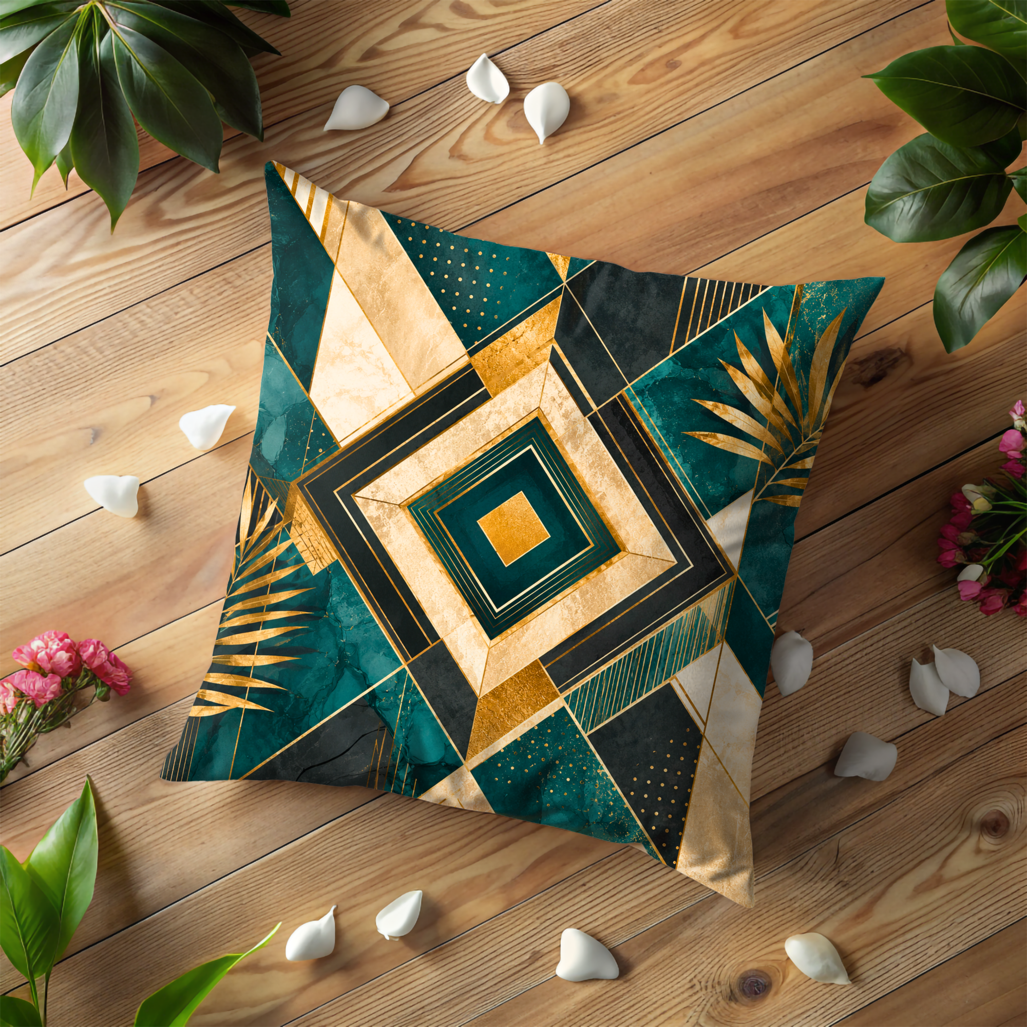 Emerald Gold Geometric Pillow Cover | Art Deco Modern Art | Luxury Boho Decor