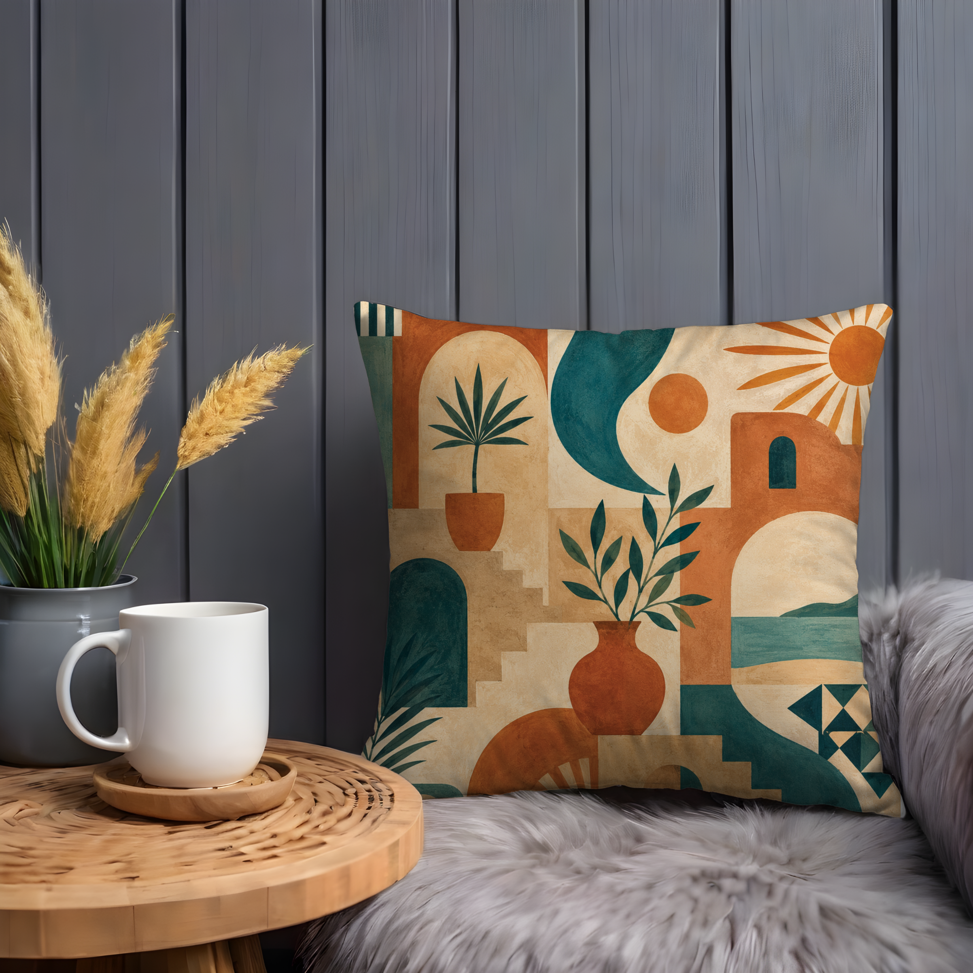 Abstract Plant Pillow Case | Terracotta Geometric Throw Pillow Cover | Modern Boho Decor | Earthy Decor