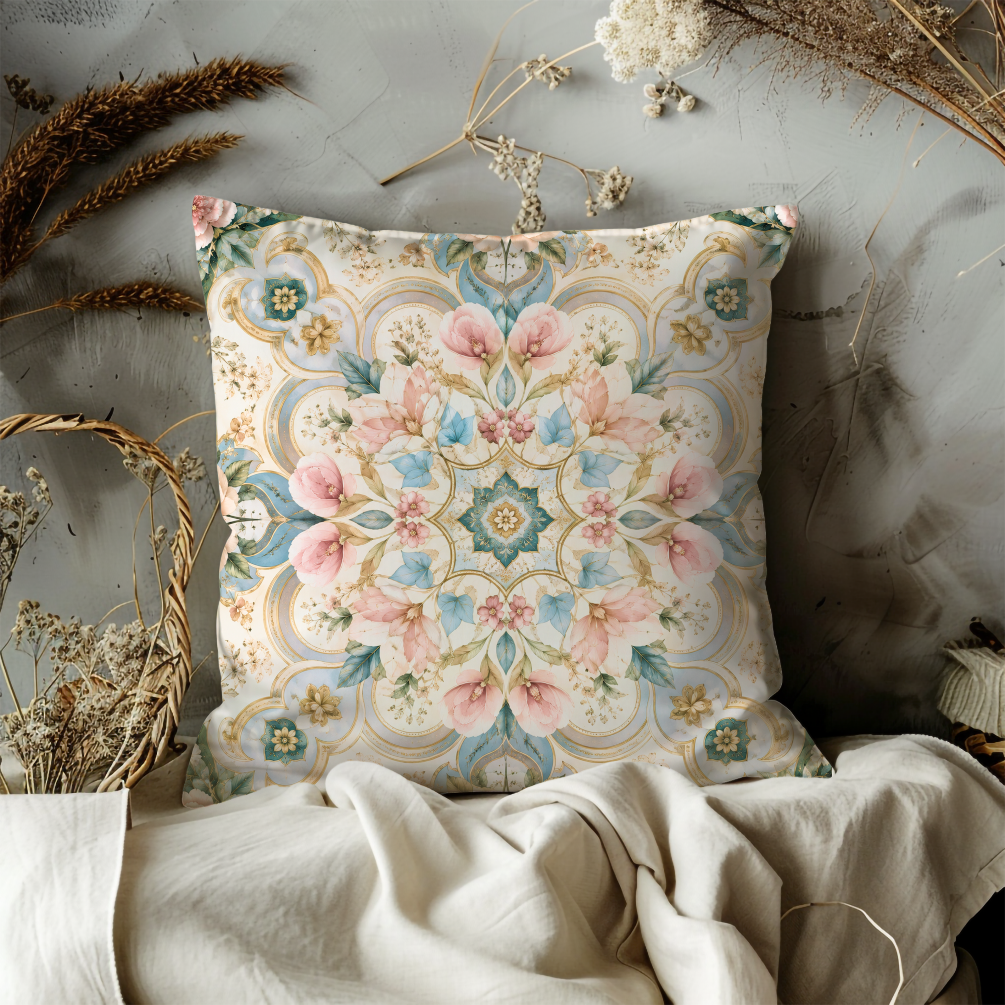 Ornate Floral Mandala Pillow Cover | Elegant Baroque Art | Luxe Decor