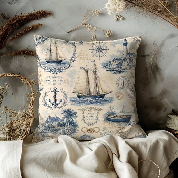 Vintage Nautical Pillow Cover – French Toile de Jouy | Coastal Decor