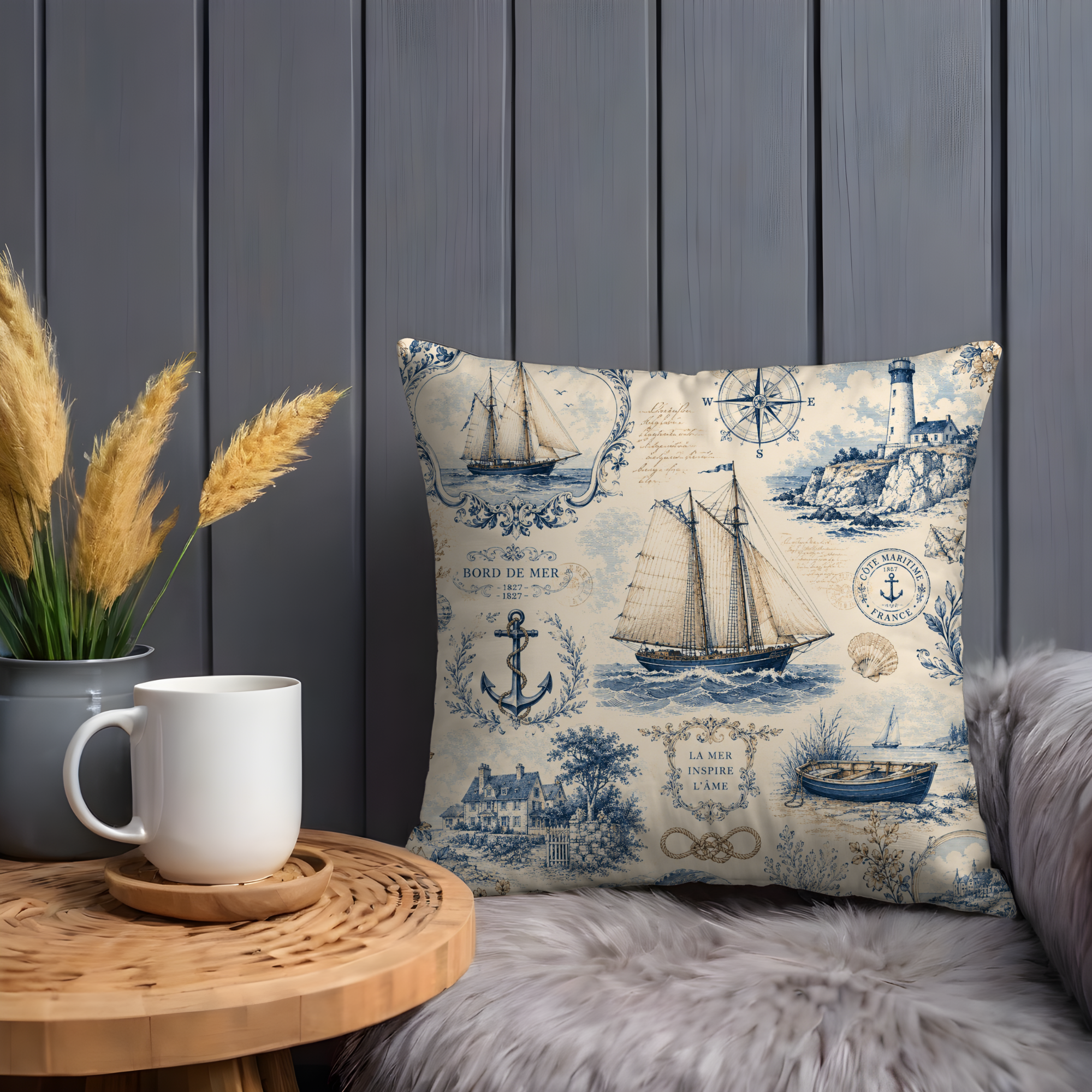 Vintage Nautical Pillow Cover | French Toile de Jouy | Coastal Decor