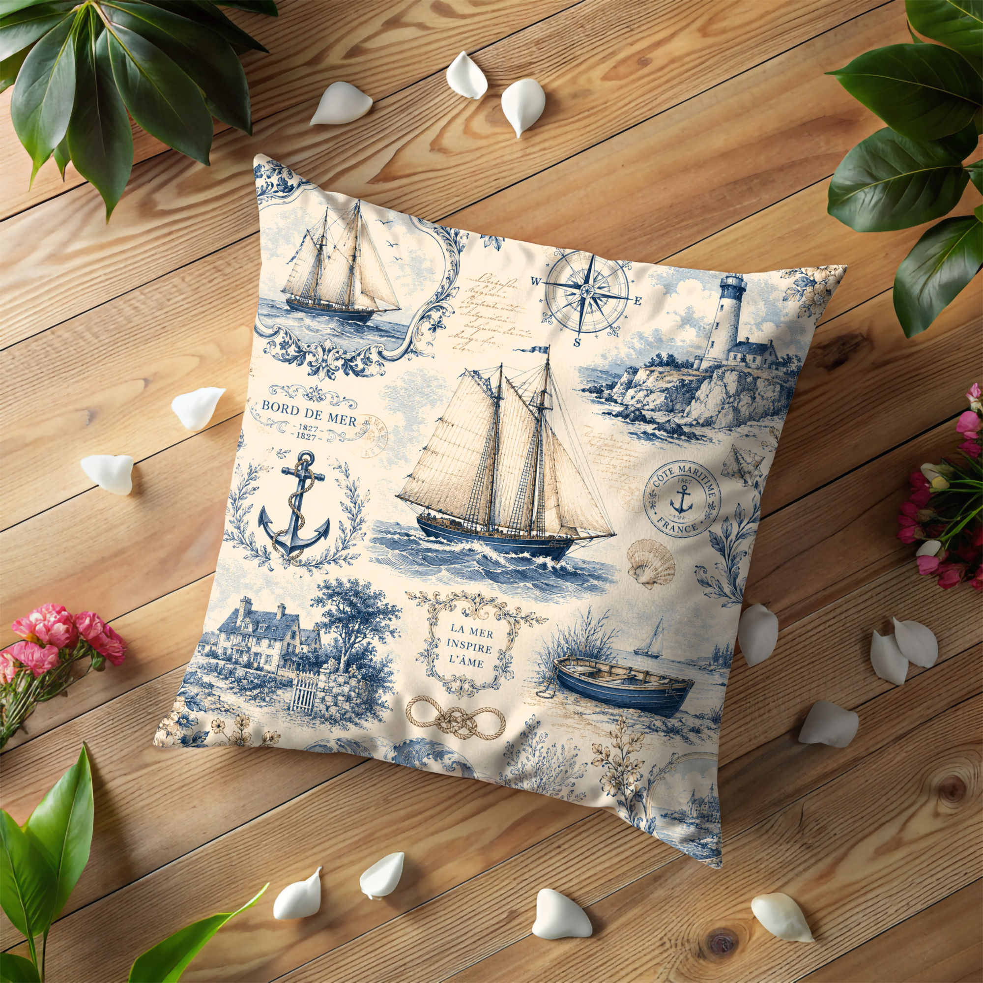 Vintage Nautical Pillow Cover | French Toile de Jouy | Coastal Decor