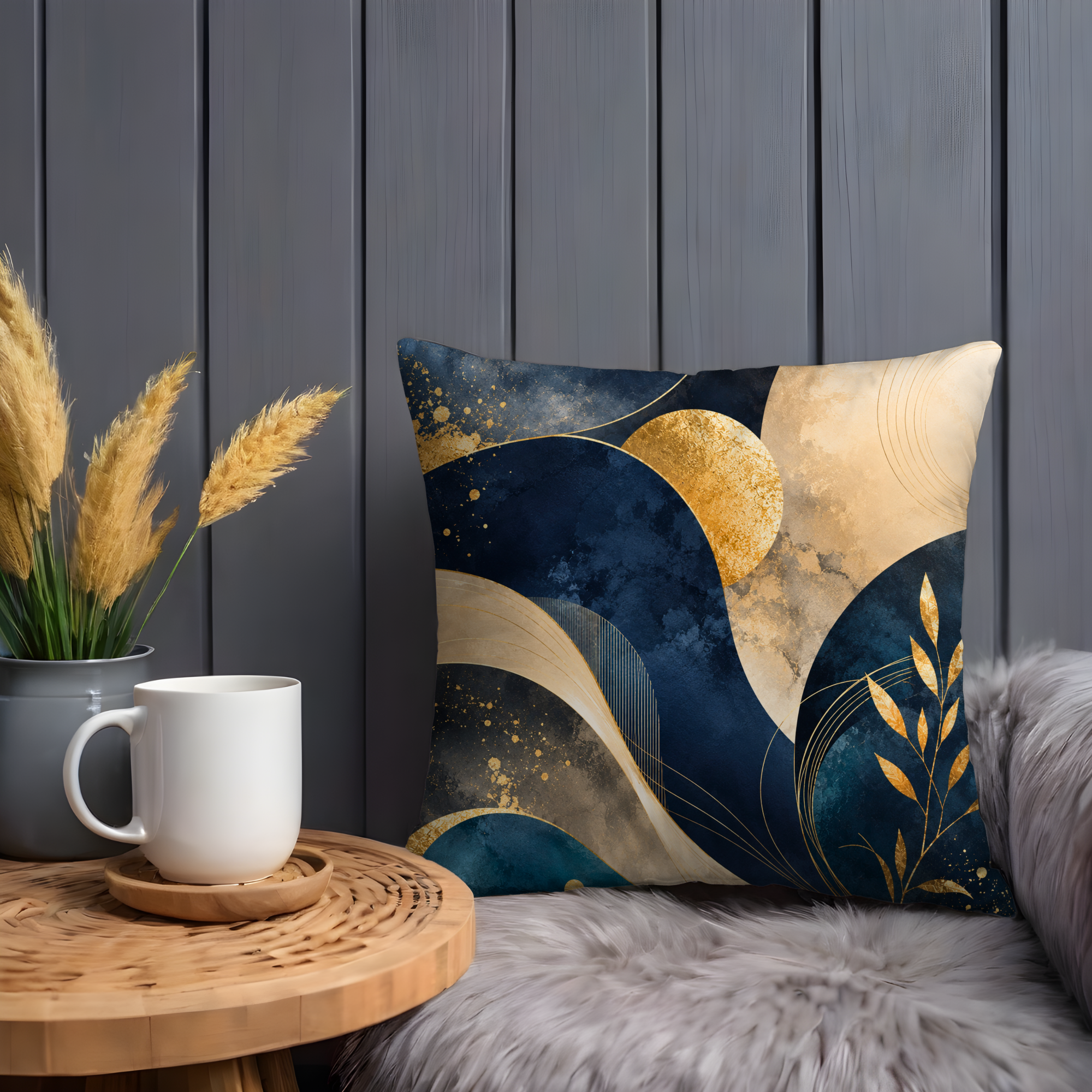 Navy Gold Abstract Pillow Cover | Elegant Fluid Art | Luxe Modern Decor