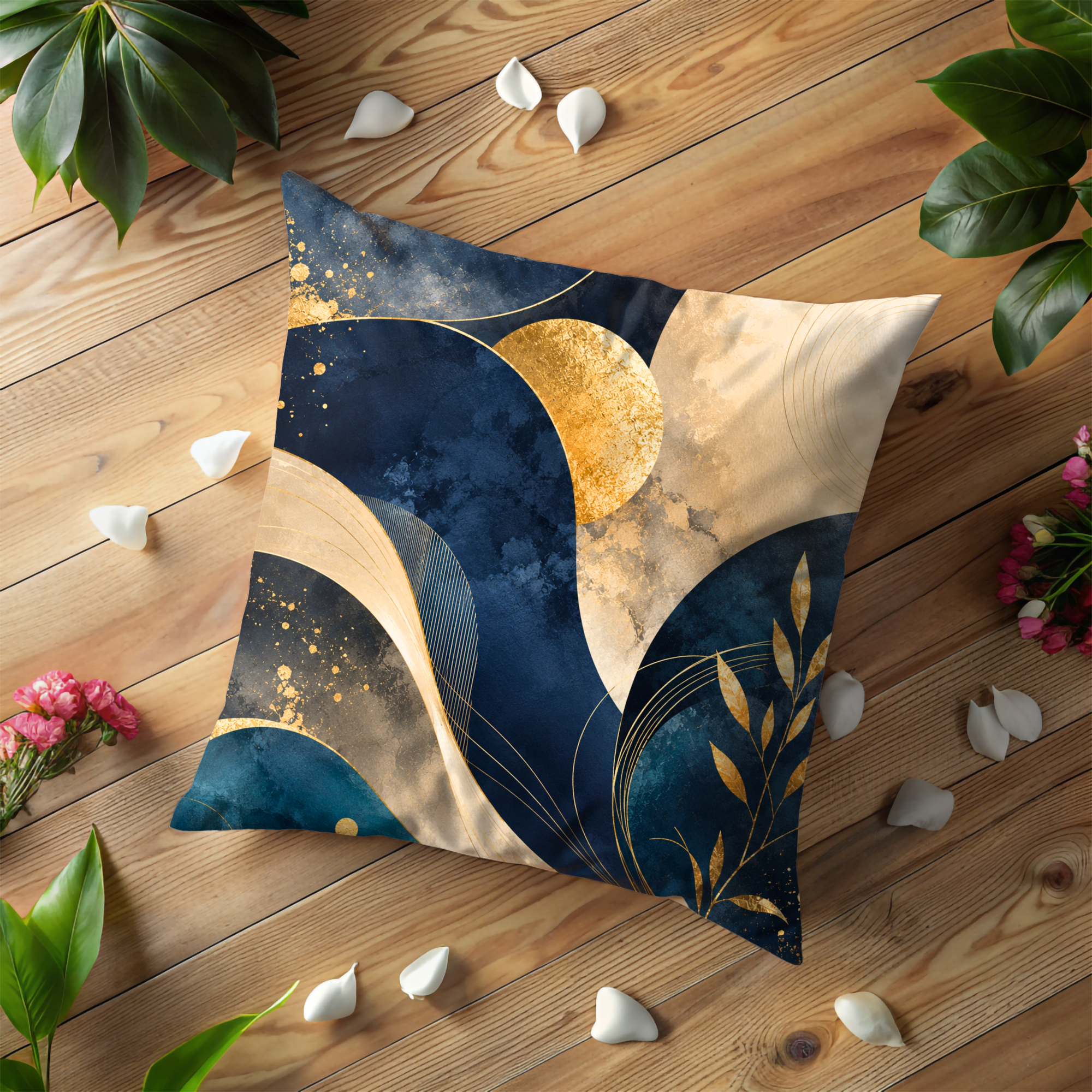 Navy Gold Abstract Pillow Cover | Elegant Fluid Art | Luxe Modern Decor