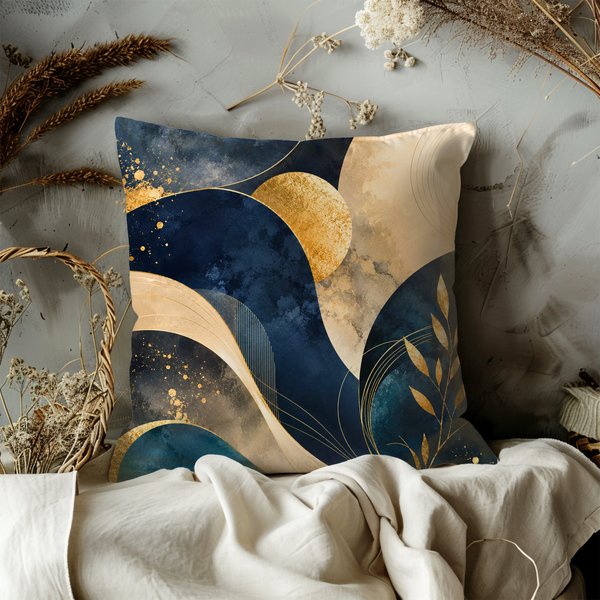 Navy Gold Abstract Pillow Cover – Elegant Fluid Art | Luxe Modern Decor