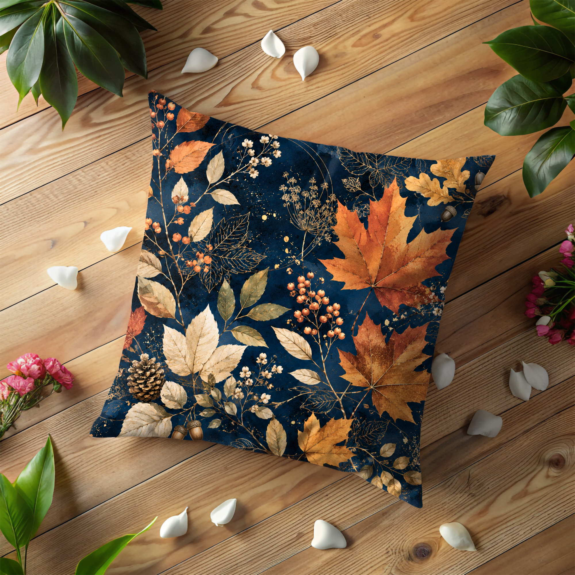 Autumn Leaves Pillow Cover | Dark Blue Botanical Art | Elegant Fall Decor