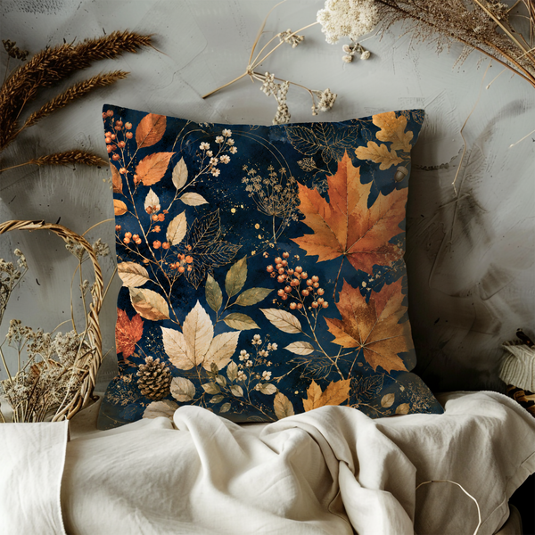Autumn Leaves Pillow Cover – Dark Blue Botanical Art | Elegant Fall Decor