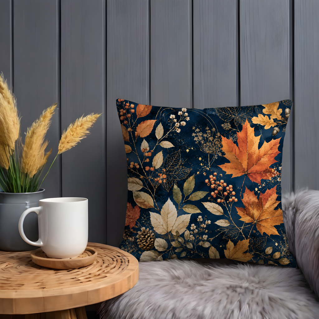 Autumn Leaves Pillow Cover | Dark Blue Botanical Art | Elegant Fall Decor