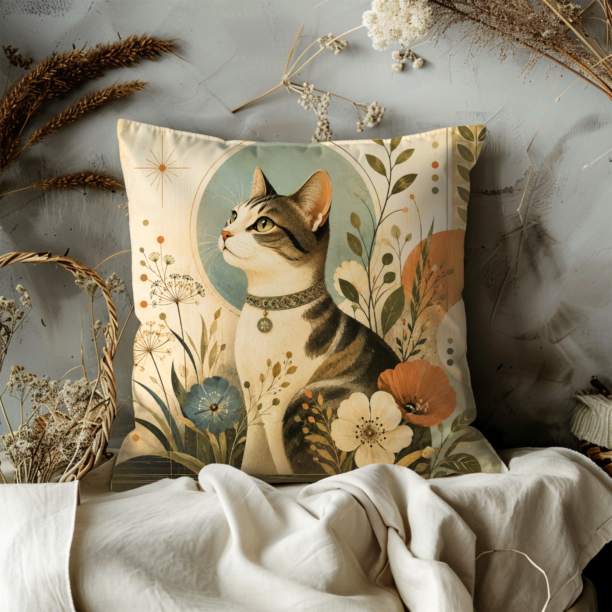 Cat Portrait Pillow Cover | Floral Cat Art | Cute Pet Decor