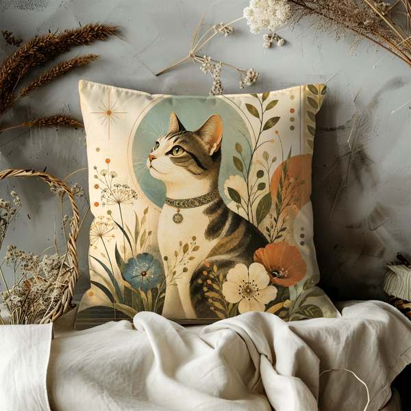 Cat Portrait Pillow Cover | Floral Cat Art | Cute Pet Decor