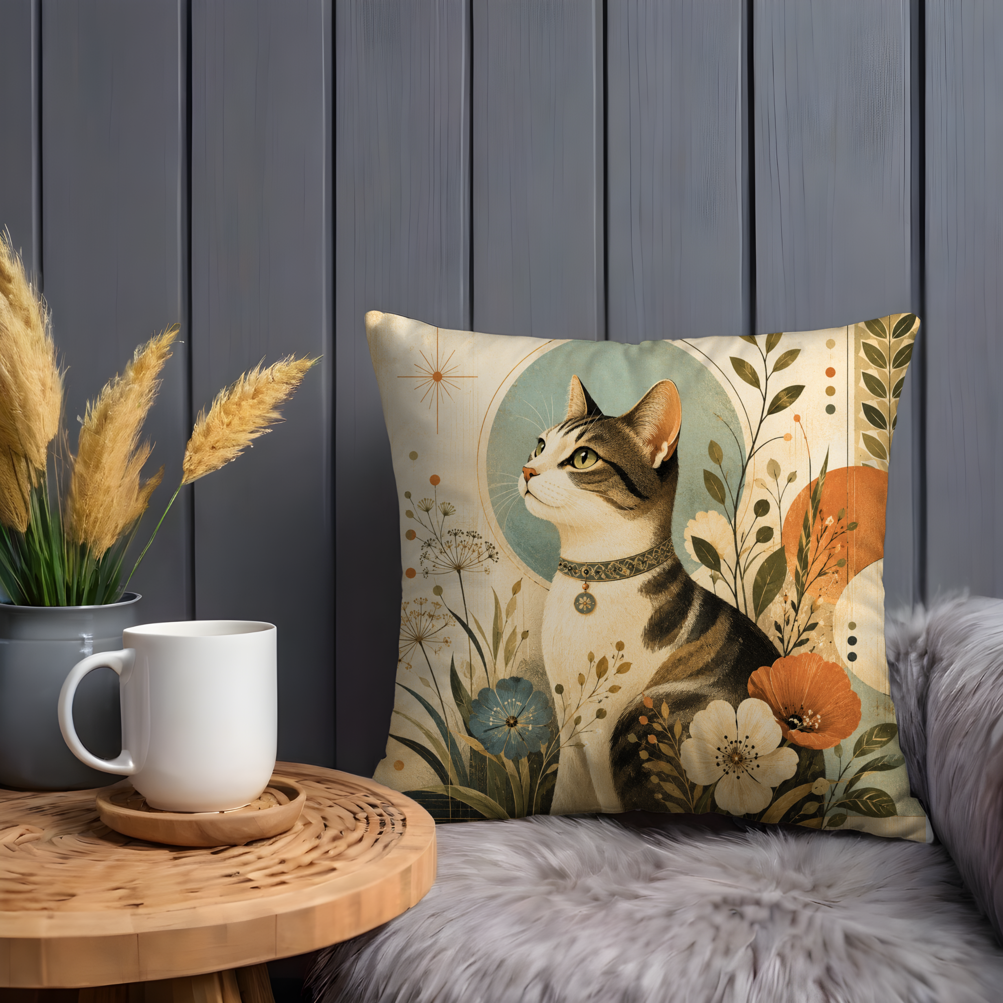 Cat Portrait Pillow Cover | Floral Cat Art | Cute Pet Decor