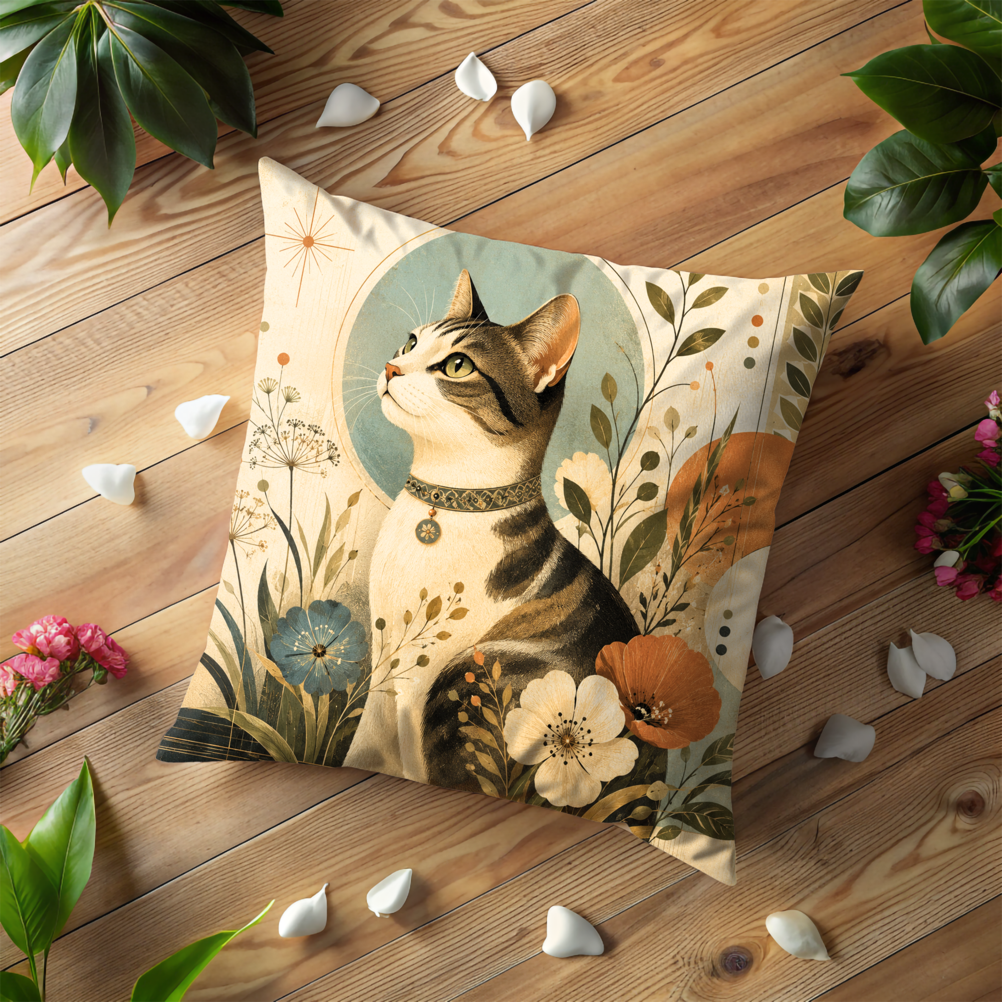 Cat Portrait Pillow Cover | Floral Cat Art | Cute Pet Decor