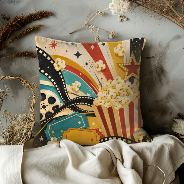 Retro Cinema Popcorn Pillow Cover – Vintage Movie Art | Fun Theater Decor