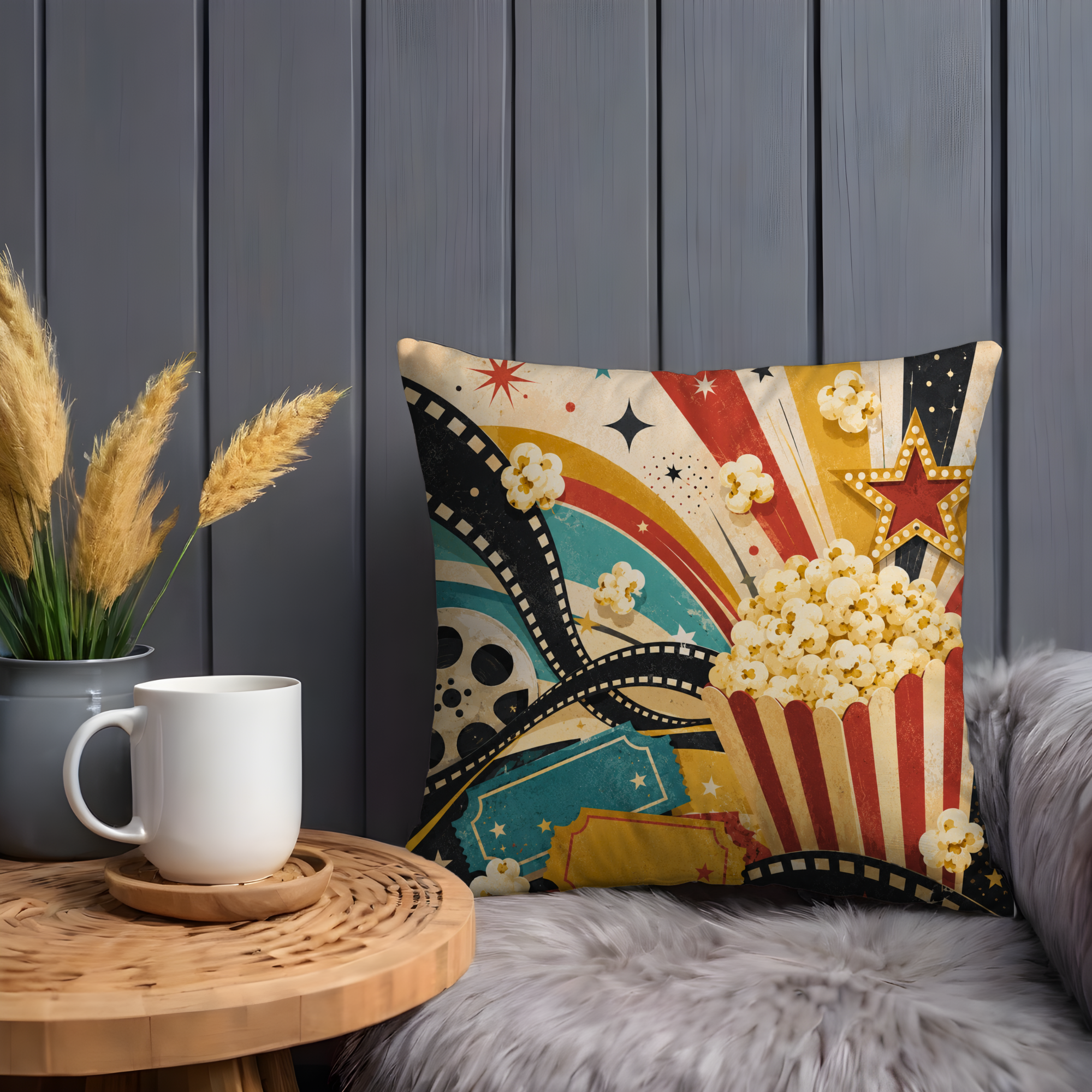 Retro Cinema Popcorn Pillow Cover | Vintage Movie Art | Fun Theater Decor