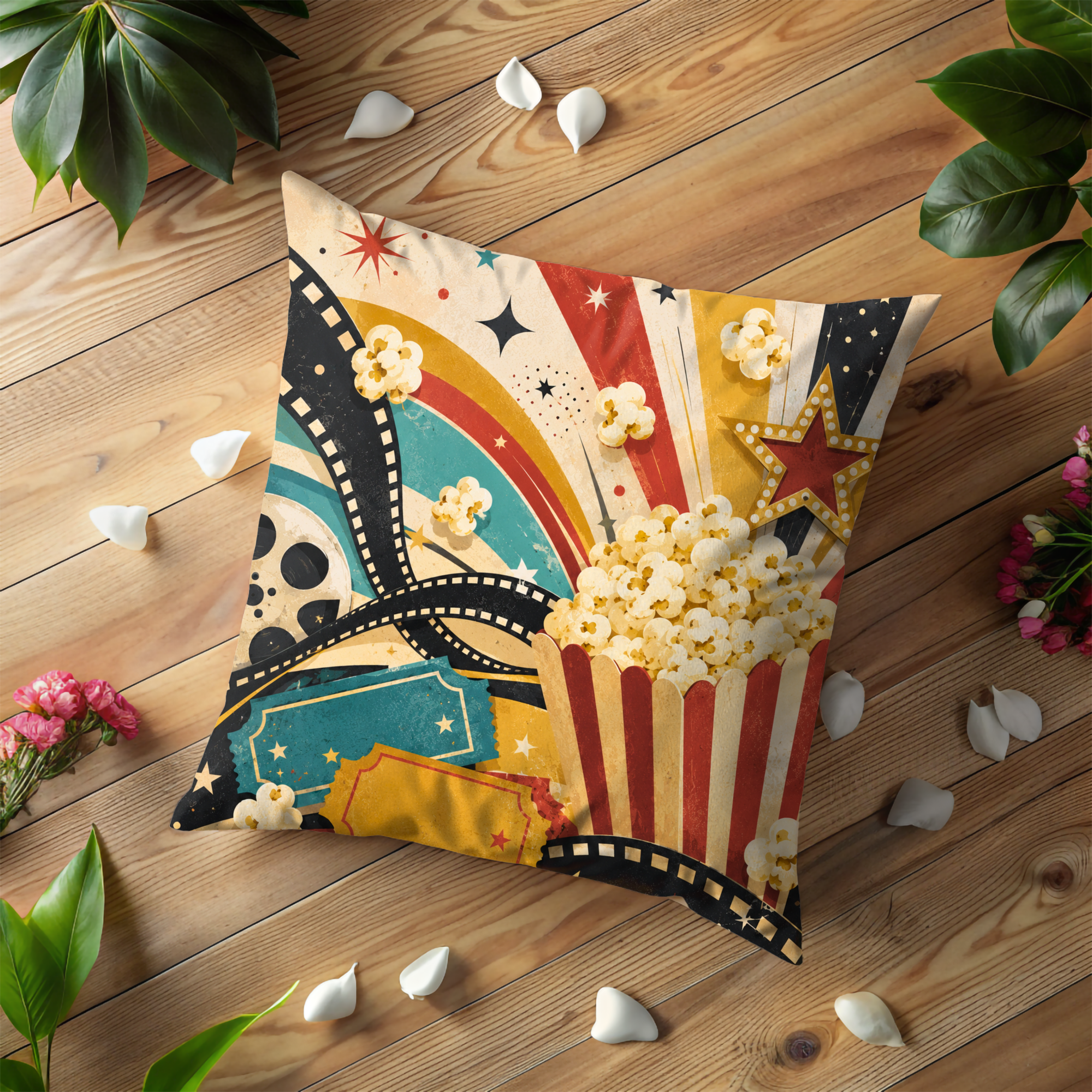 Retro Cinema Popcorn Pillow Cover | Vintage Movie Art | Fun Theater Decor