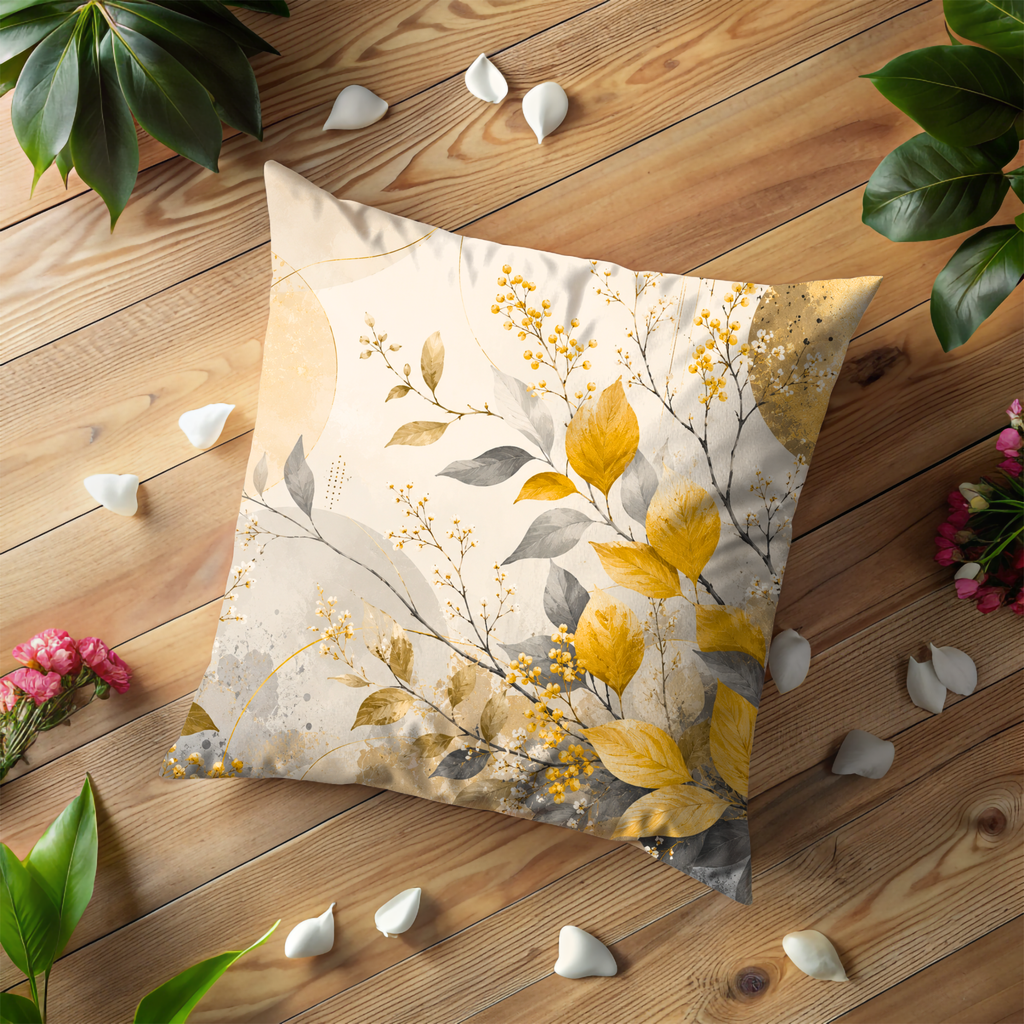 Golden Botanical Pillow Cover | Elegant Leaf Art | Neutral Boho Decor