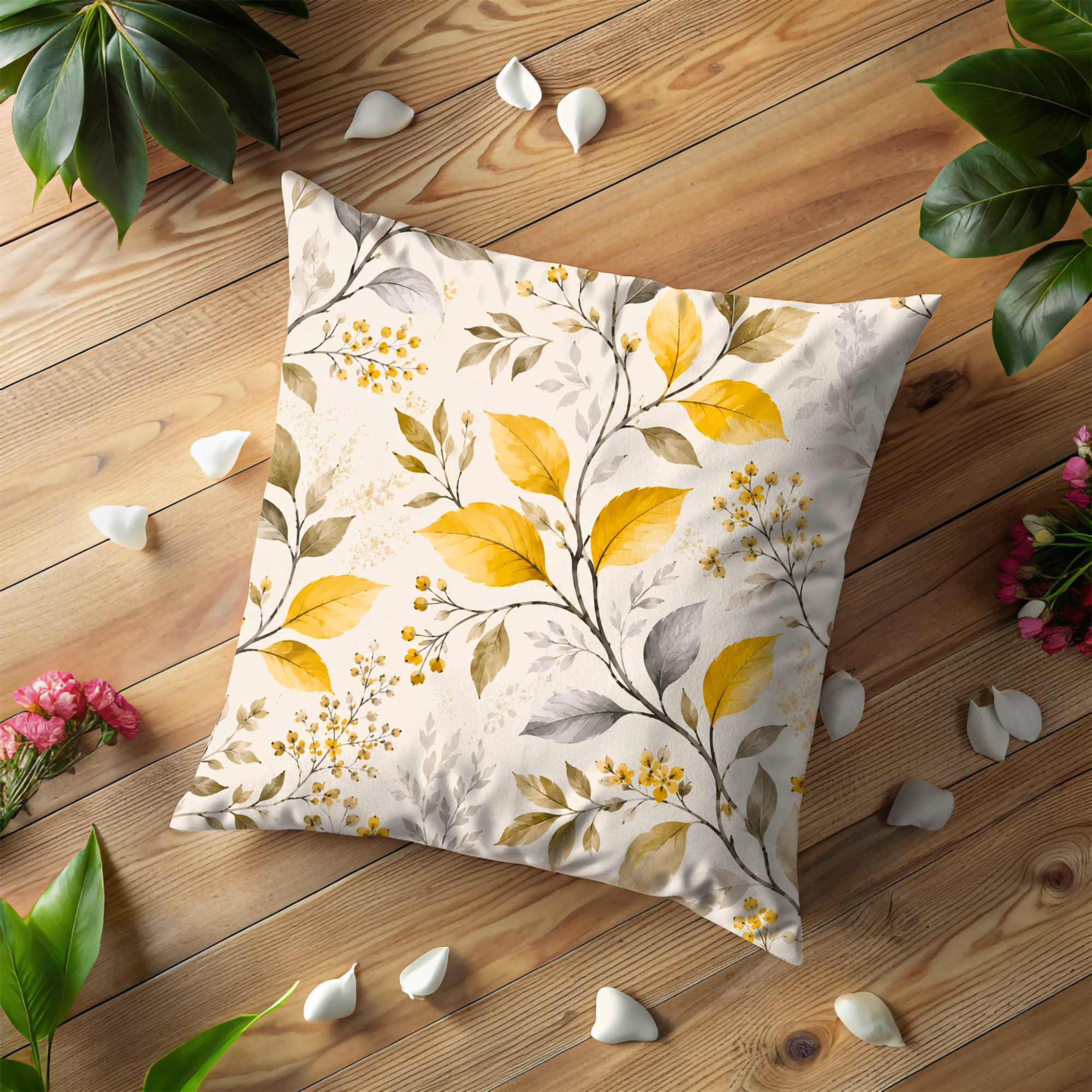 Autumn Leaves Pillow Cover | Yellow Botanical Art | Soft Fall Decor