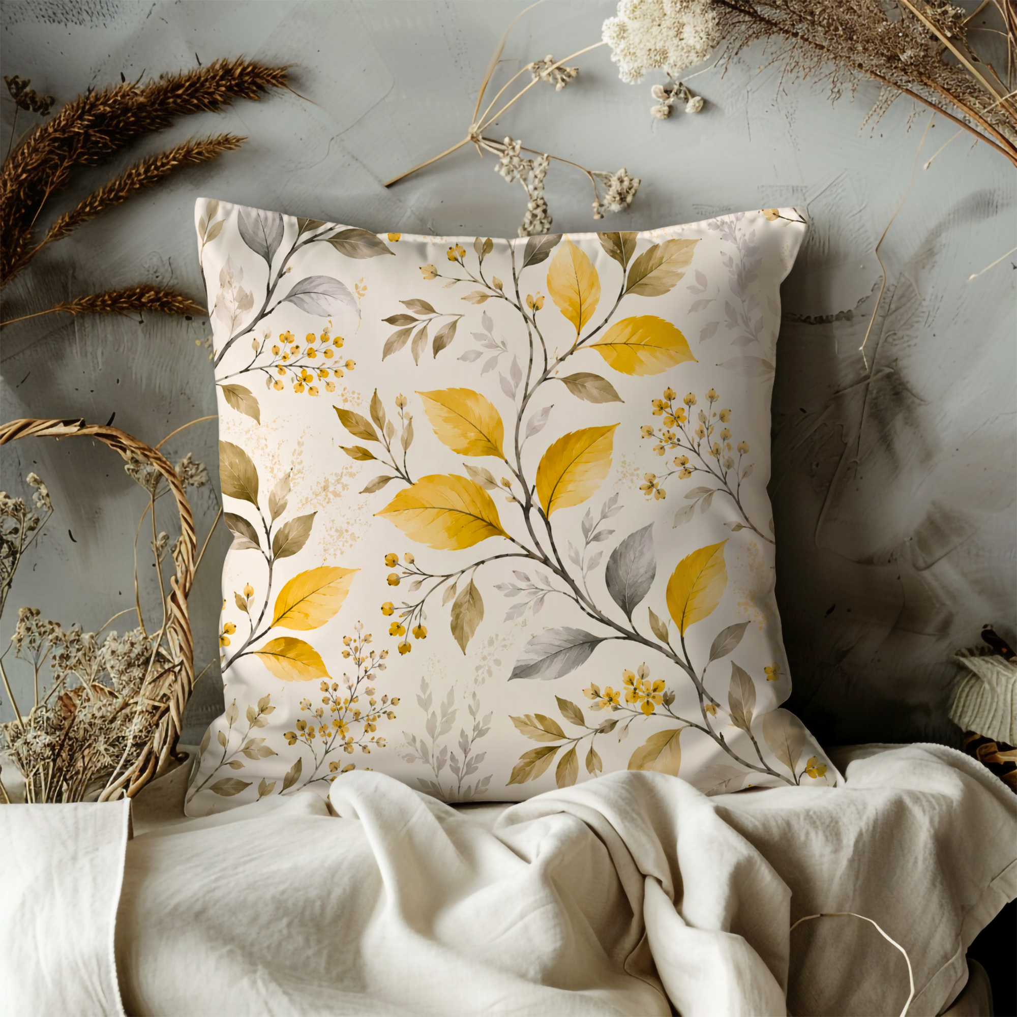 Autumn Leaves Pillow Cover | Yellow Botanical Art | Soft Fall Decor
