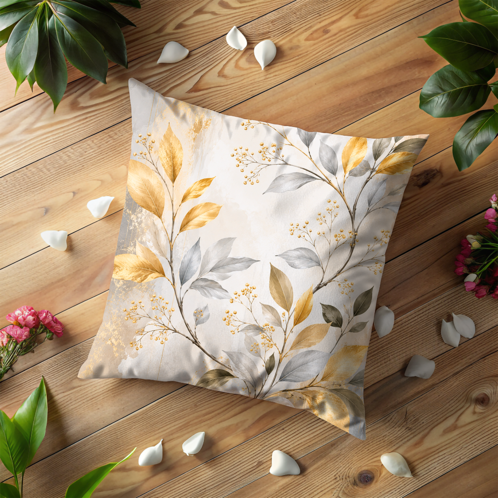 Golden Leaves Pillow Cover | Elegant Botanical Art | Luxe Nature Decor