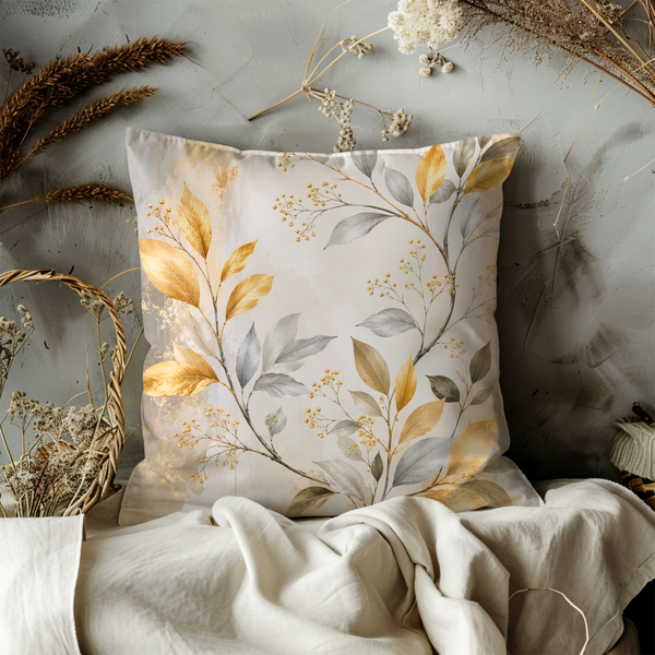 Golden Leaves Pillow Cover – Elegant Botanical Art | Luxe Nature Decor