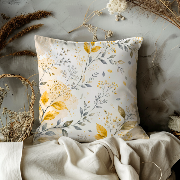 Golden Botanical Pillow Cover – Delicate Leaf Art | Soft Nature Decor