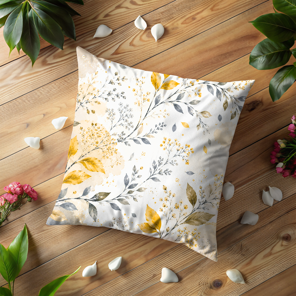 Golden Botanical Pillow Cover | Delicate Leaf Art | Soft Nature Decor