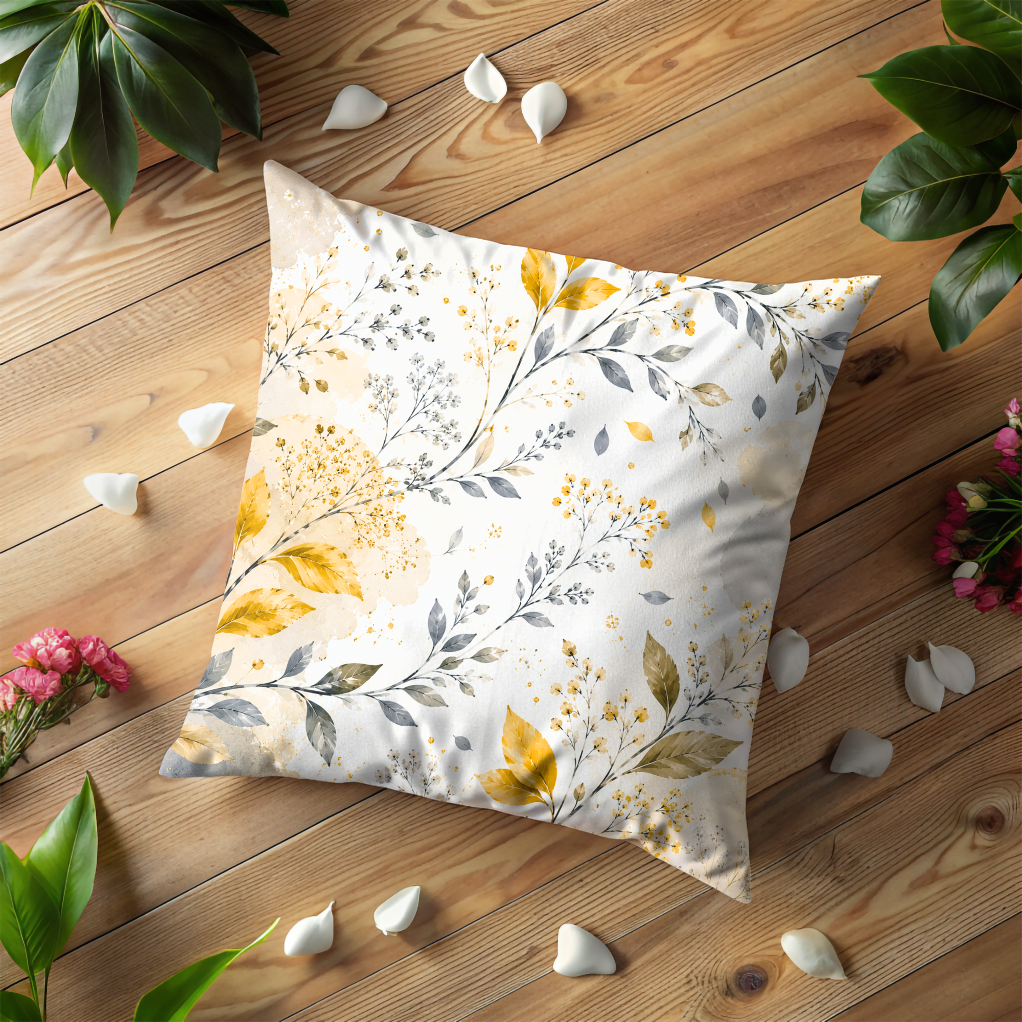 Golden Botanical Pillow Cover | Delicate Leaf Art | Soft Nature Decor