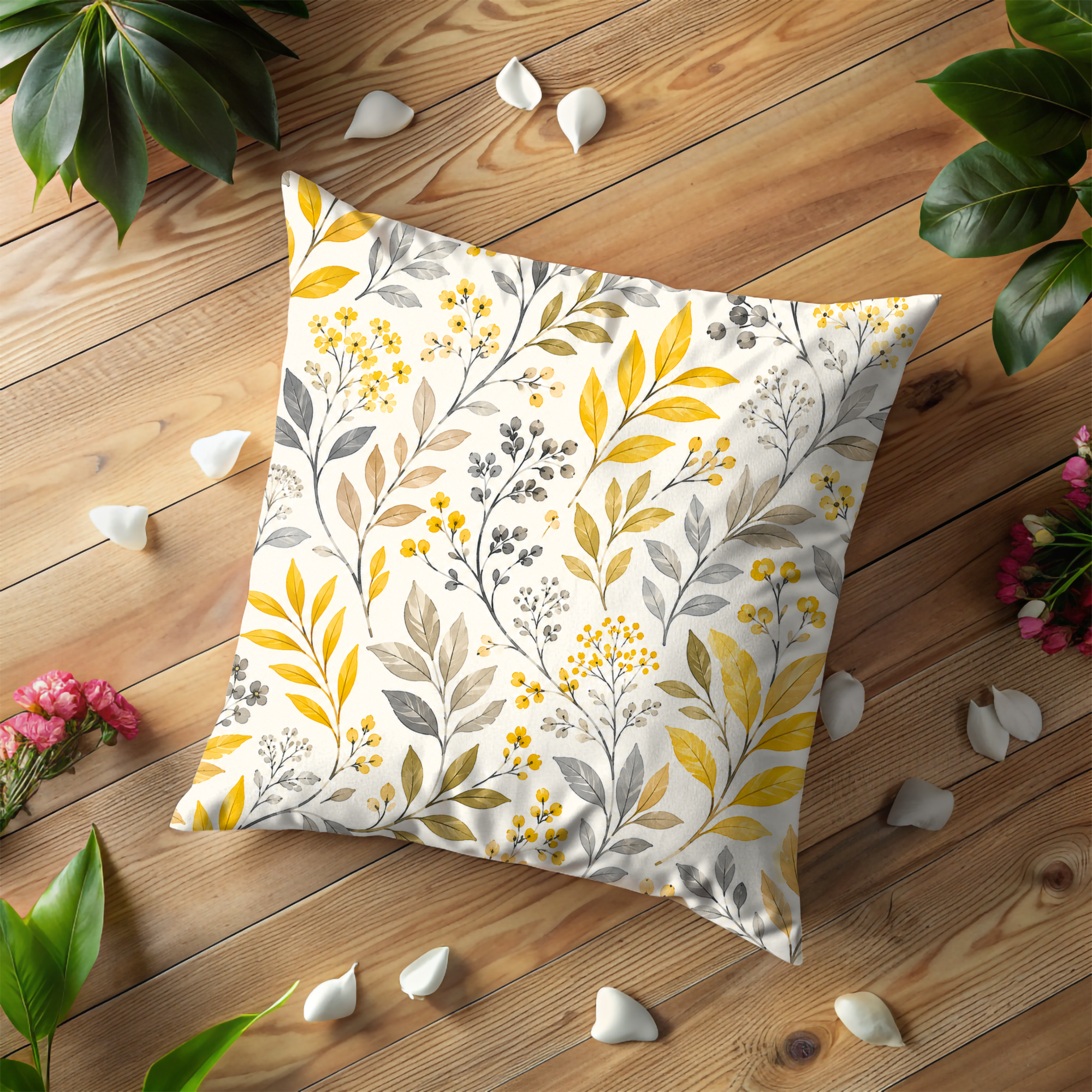 Yellow Wildflower Botanical Pillow Cover | Elegant Leaf Art | Neutral Boho Decor