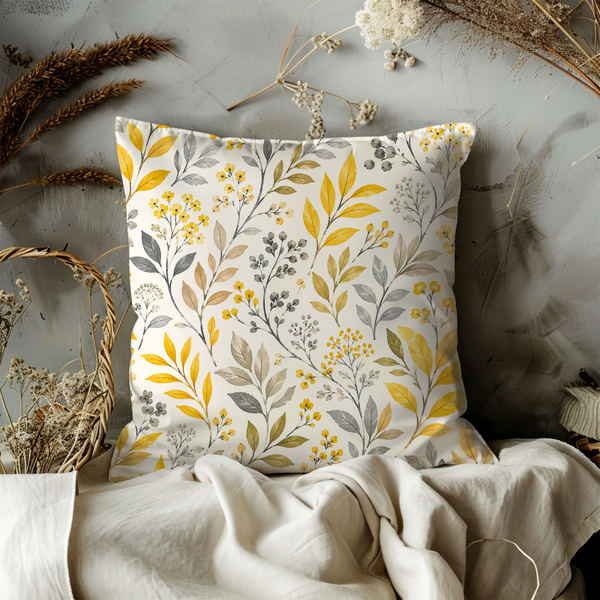 Yellow Wildflower Botanical Pillow Cover – Elegant Leaf Art | Neutral Boho Decor