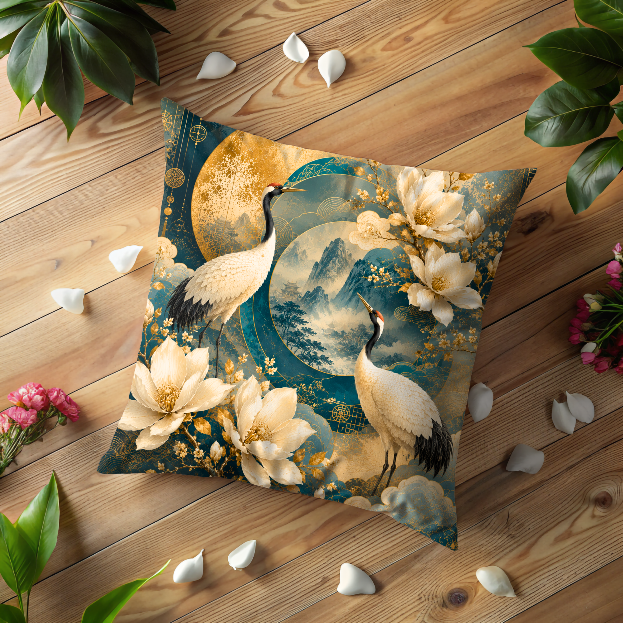 Japanese Crane Pillow Cover | Elegant Oriental Art | Luxe Nature Decor