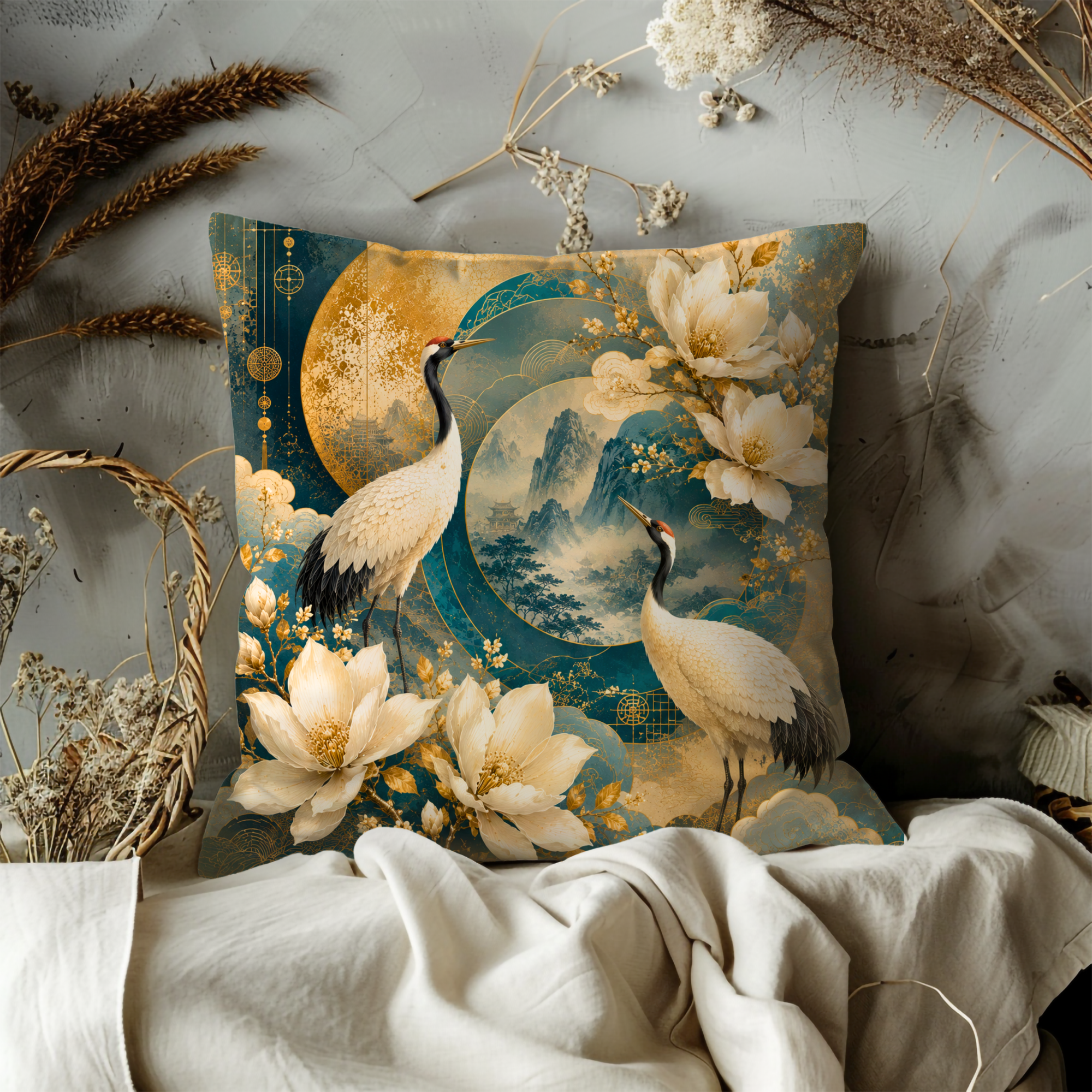 Japanese Crane Pillow Cover | Elegant Oriental Art | Luxe Nature Decor