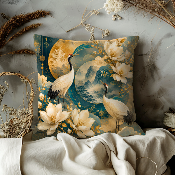 Two Japanese Cranes Pillow Cover – Gold Moon & Magnolia Art