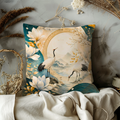 Japanese Crane Pillow Cover | Asian Lotus Art | Elegant Oriental Decor