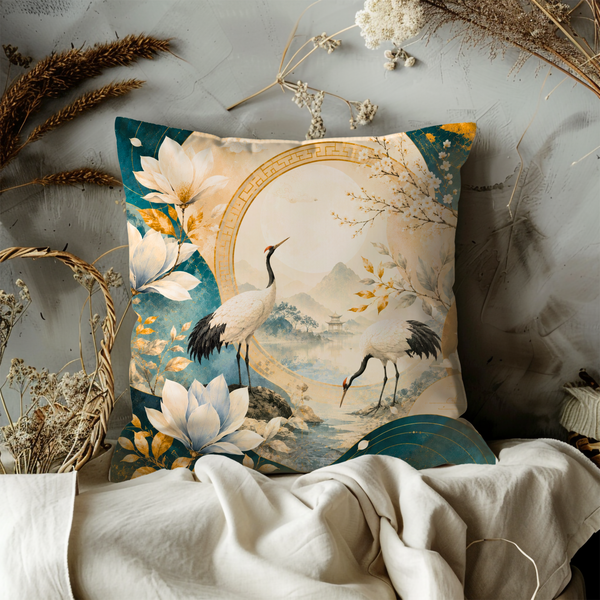 Japanese Crane Pillow Cover – Asian Lotus Art | Elegant Oriental Decor