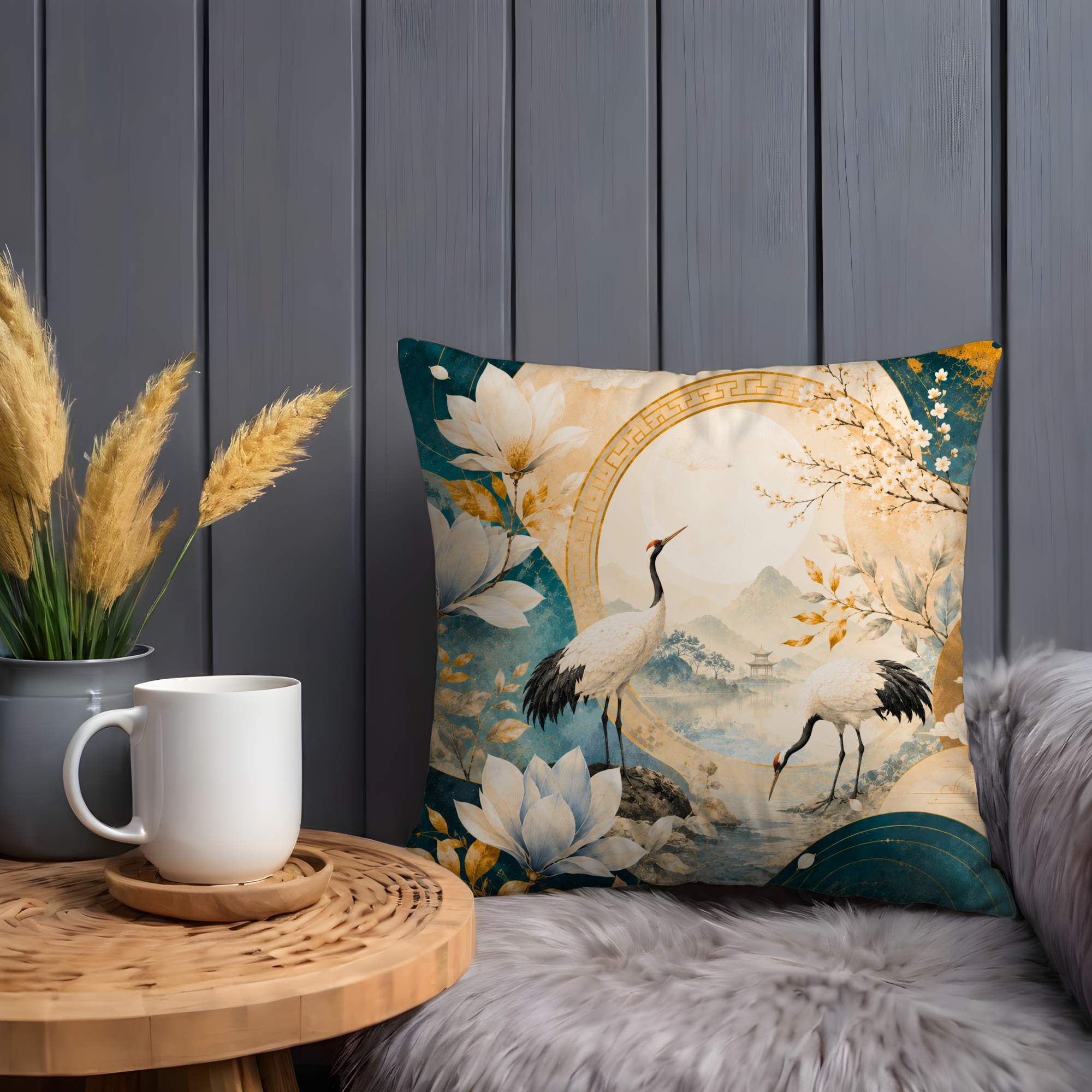 Japanese Crane Pillow Cover | Asian Lotus Art | Elegant Oriental Decor