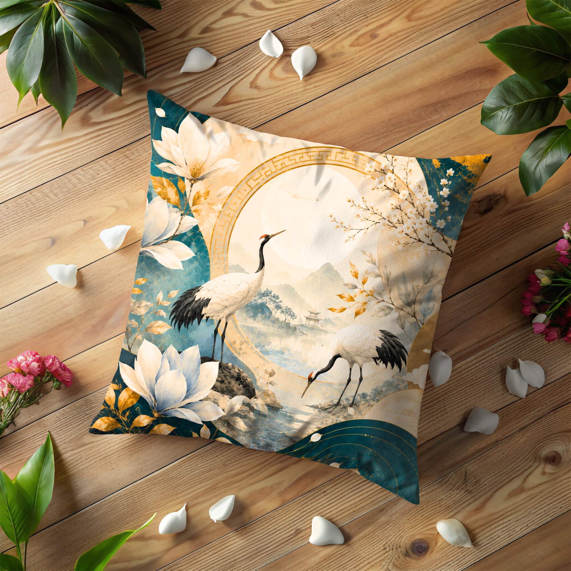 Japanese Crane Pillow Cover | Asian Lotus Art | Elegant Oriental Decor