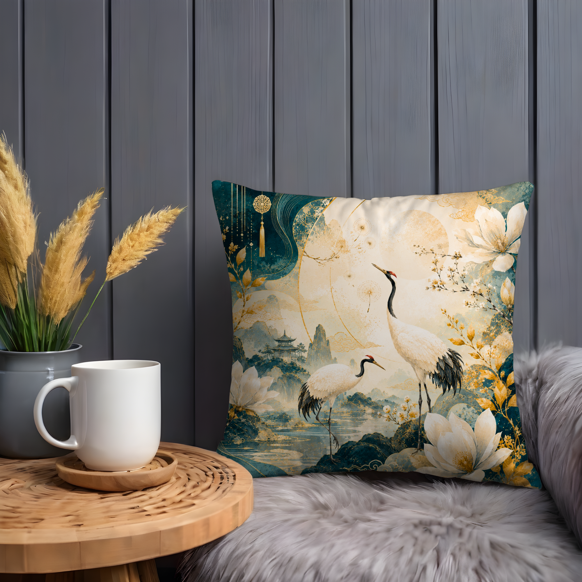 Japanese Crane Landscape Pillow Cover | Elegant Oriental Art | Luxe Nature Decor