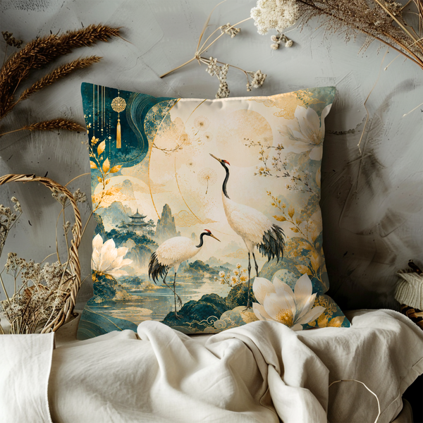 Japanese Crane Landscape Pillow Cover – Elegant Oriental Art | Luxe Nature Decor