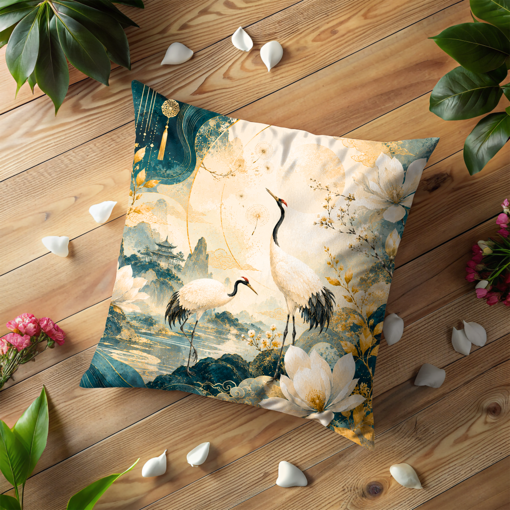 Japanese Crane Landscape Pillow Cover | Elegant Oriental Art | Luxe Nature Decor