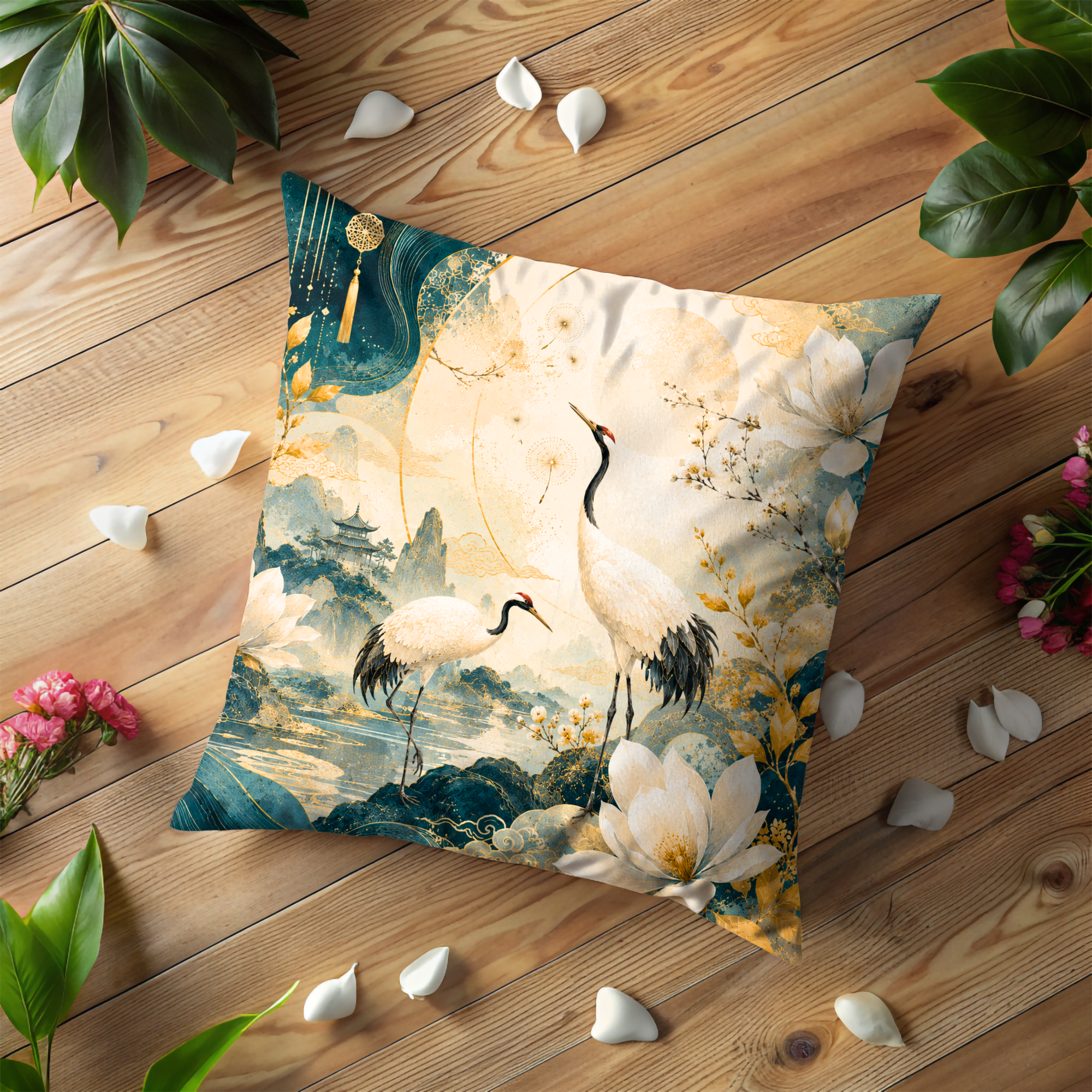 Japanese Crane Landscape Pillow Cover | Elegant Oriental Art | Luxe Nature Decor