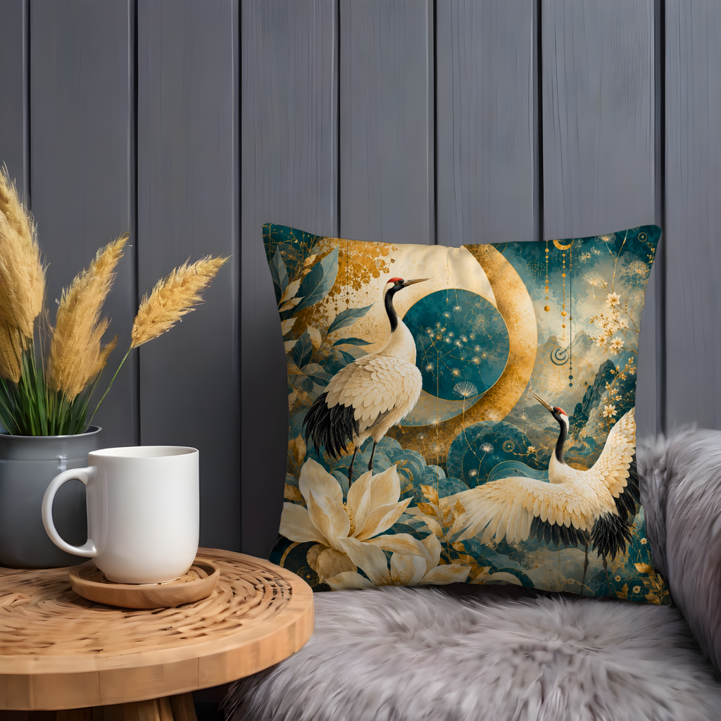 Japanese Crane Lotus Pillow Cover | Oriental Mystical Art | Elegant Decor